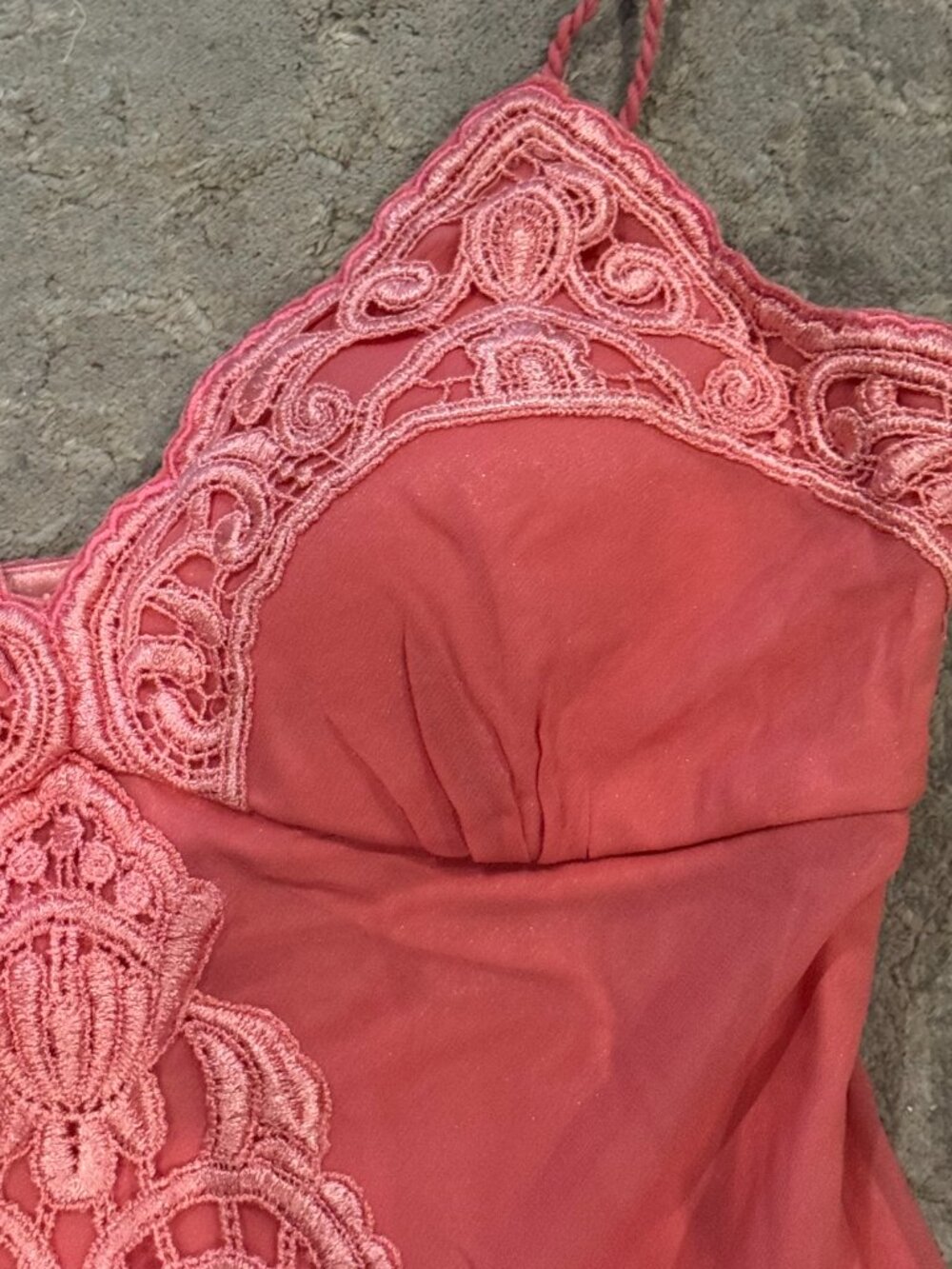 Sue Wong Silk Chiffon Y2K Handkerchief V Camisole Coral Pink Crochet Top Deco #7 - Picture 5 of 16